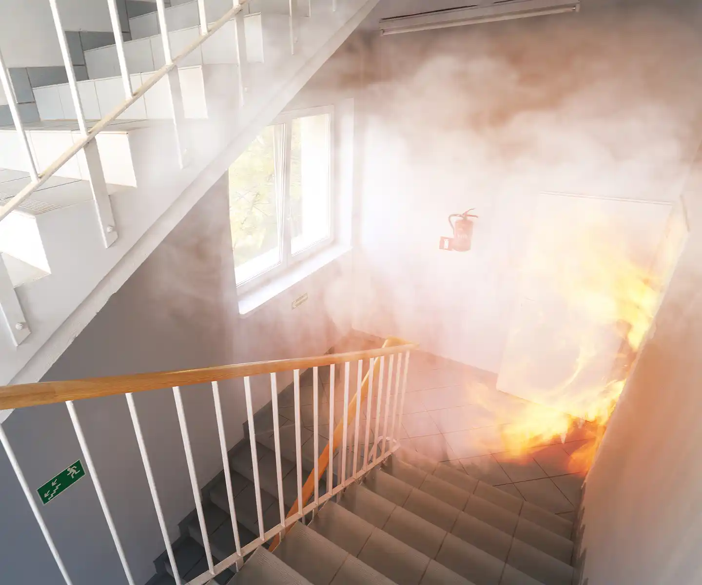 Smoke damage and Fire damage in stairwell