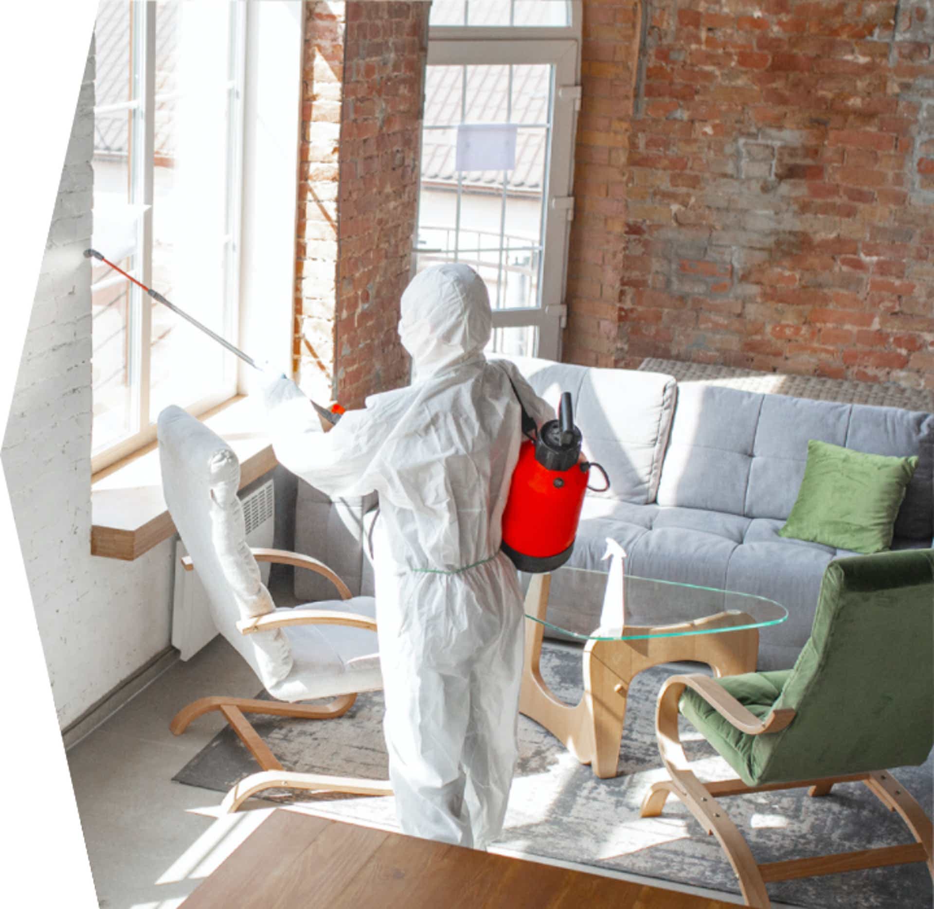 Man in hazmat suit spraying apartment