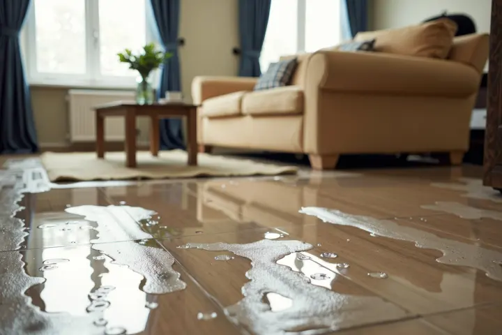 Water-damaged living room with standing water pooling on hardwood floor near a sofa and furniture