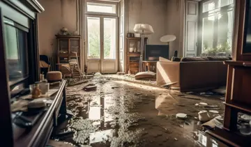 A flood-damaged living room with standing water covering the floor, scattered debris and broken items throughout, overturned furniture, and sunlight streaming through tall French doors in the background.