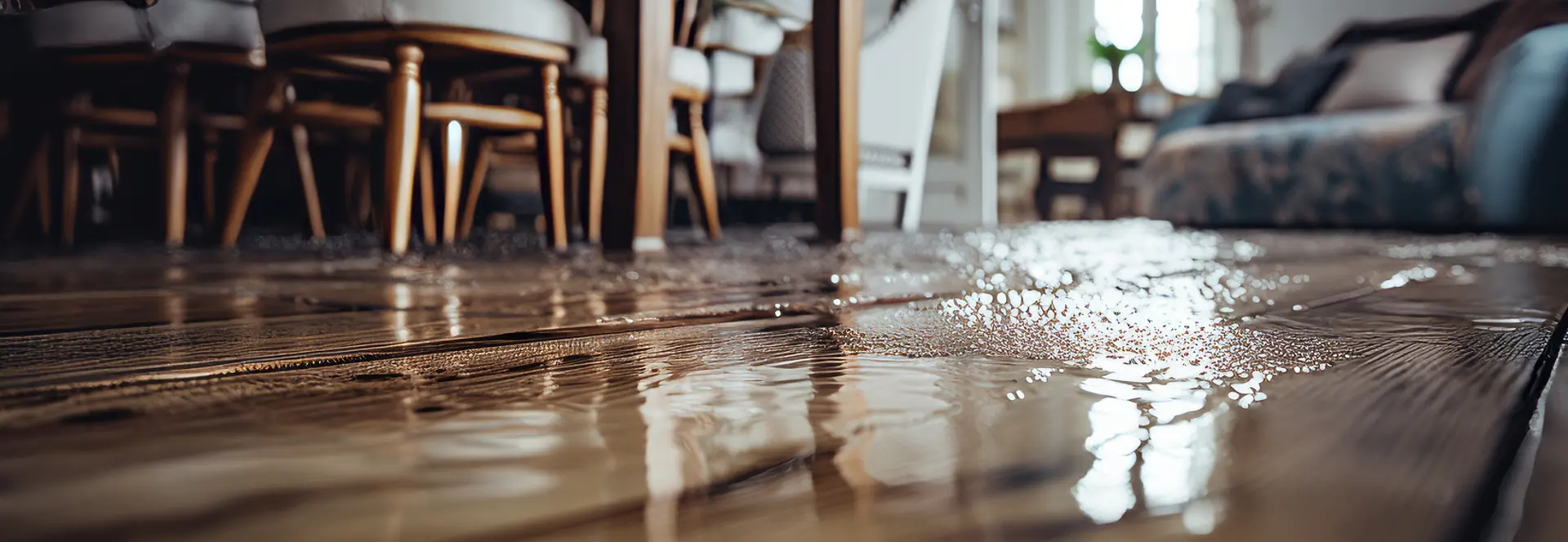 Flooded hardwood floor in a home dining area with standing water spreading across the surface